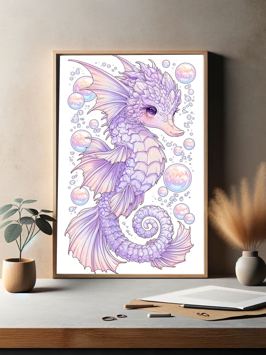 Pastel Seahorse Fantasy Illustration Poster. — room view 2