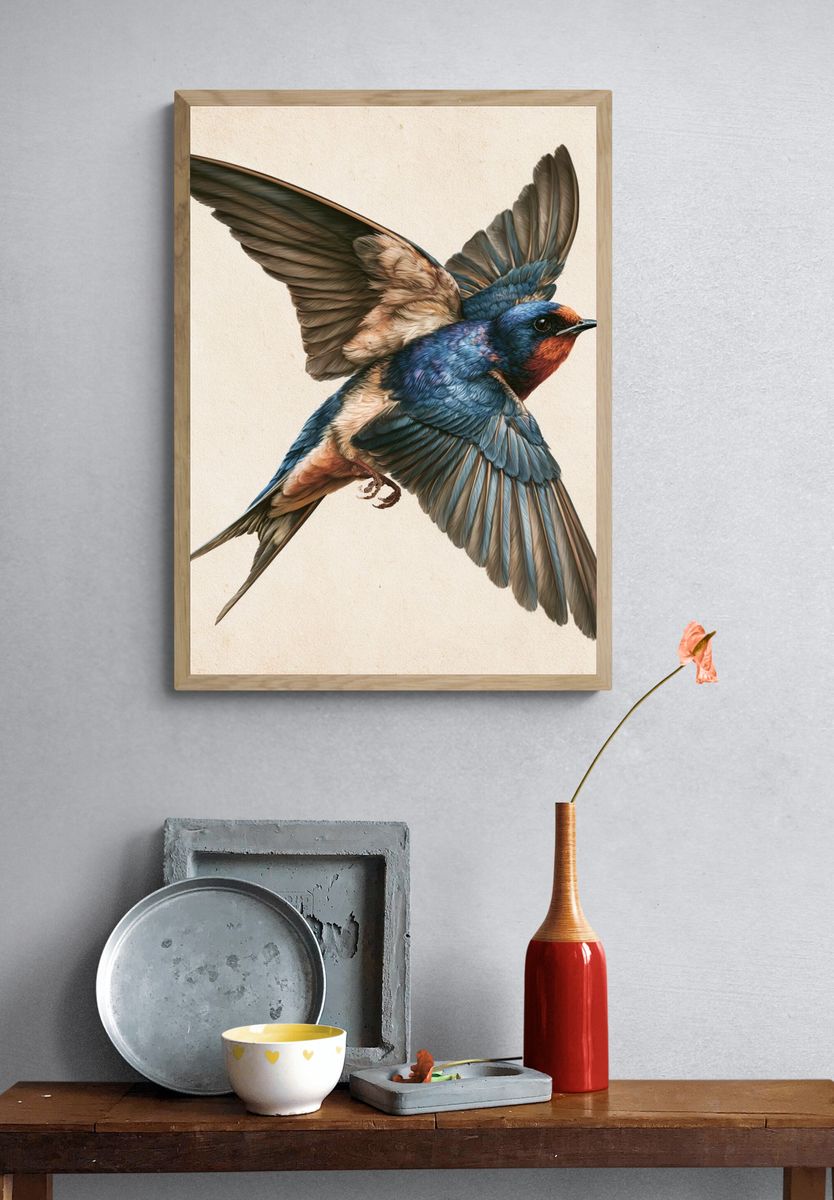 Swallow in Flight Illustration Poster. — room view 3
