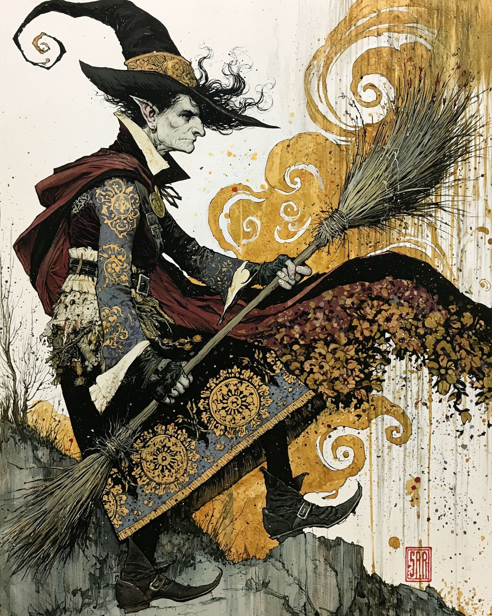 Witch on Broom Illustration Poster. poster detail