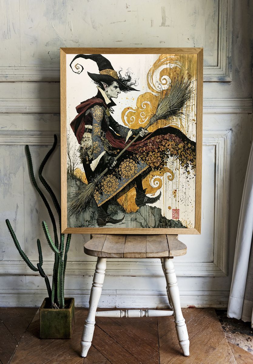 Witch on Broom Illustration Poster. room preview