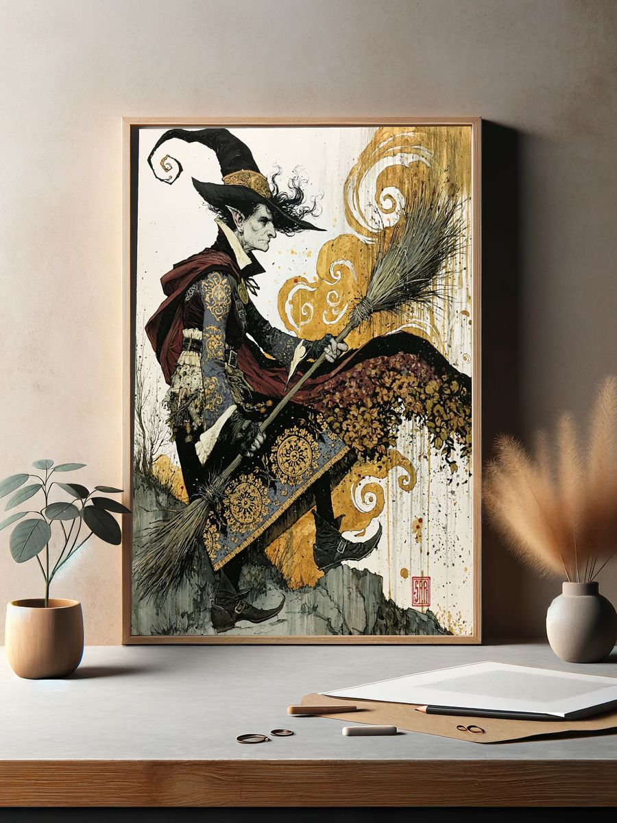 Witch on Broom Illustration Poster. — room view 2