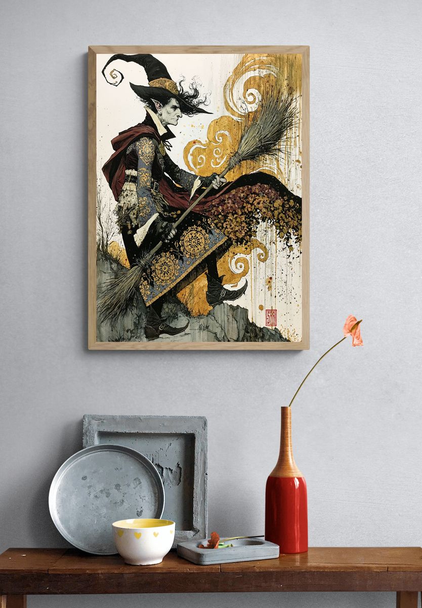 Witch on Broom Illustration Poster. — room view 3