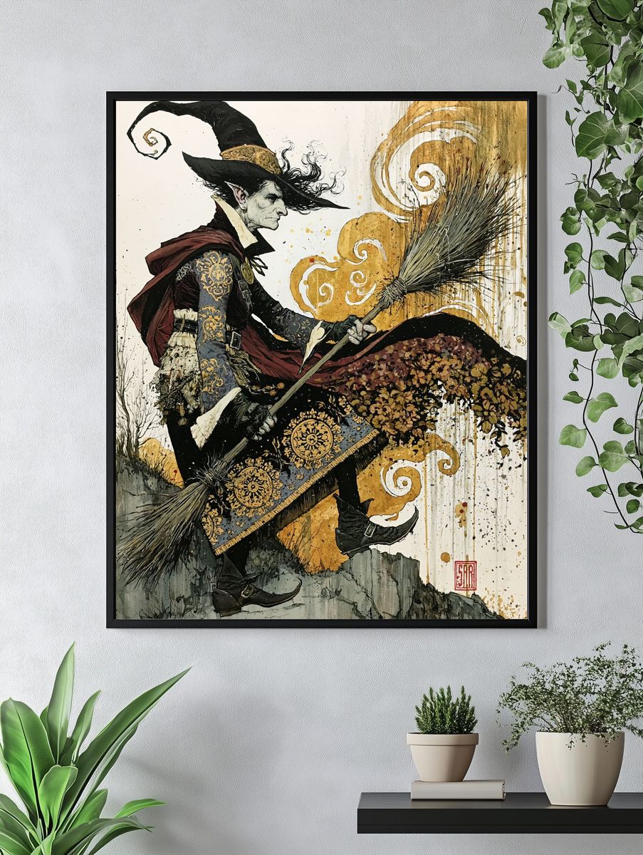 Witch on Broom Illustration Poster. — room view 4