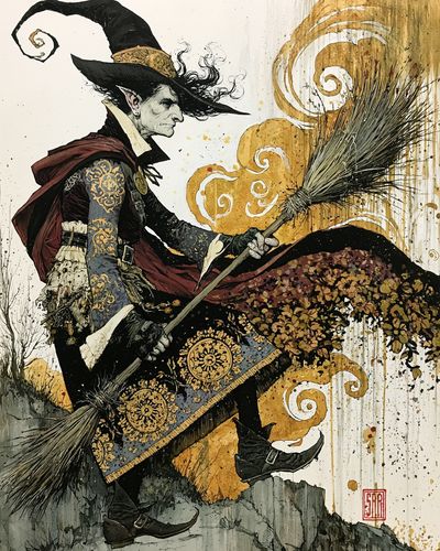 Witch on Broom Illustration Poster. poster