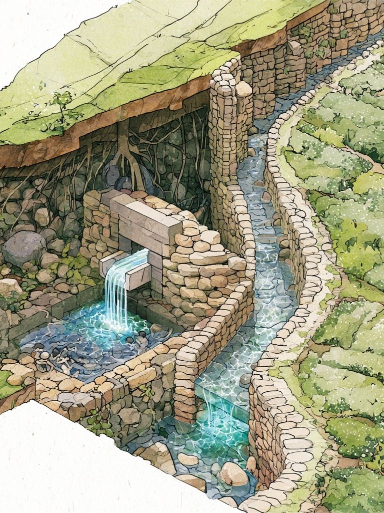 Terraced Stone Waterway Illustration Poster. poster — illustration art