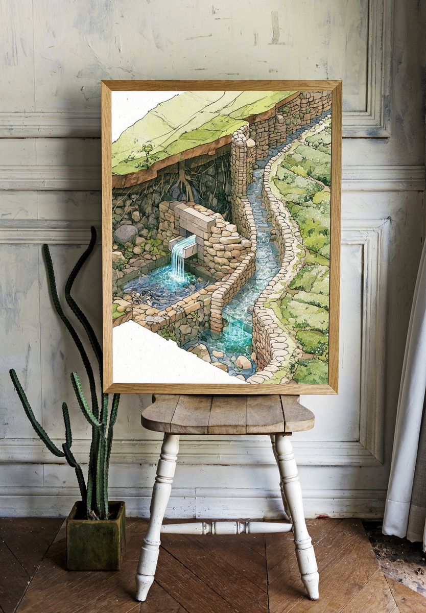 Terraced Stone Waterway Illustration Poster. — room view 1