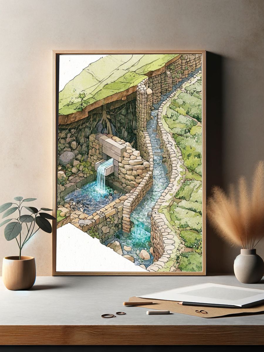 Terraced Stone Waterway Illustration Poster. — room view 2