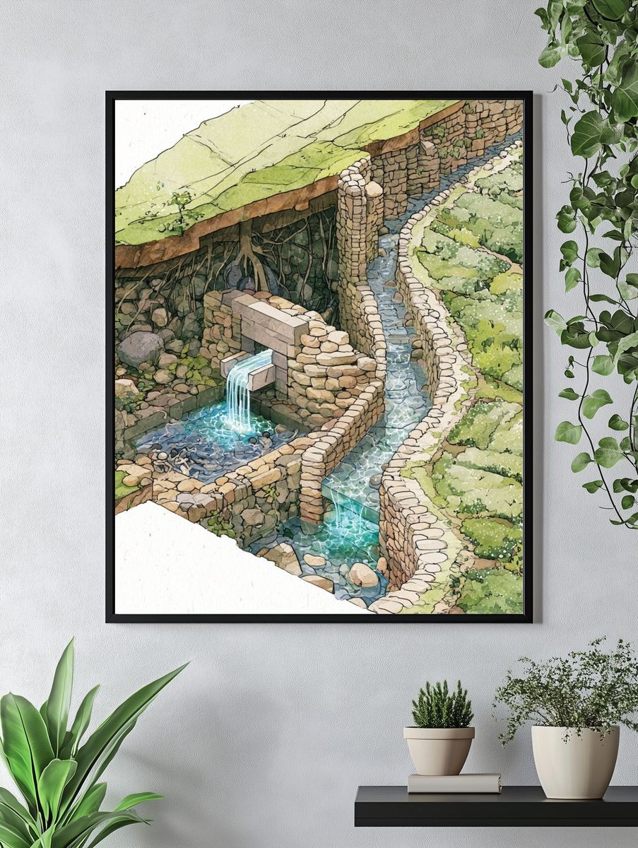 Terraced Stone Waterway Illustration Poster. — room view 4