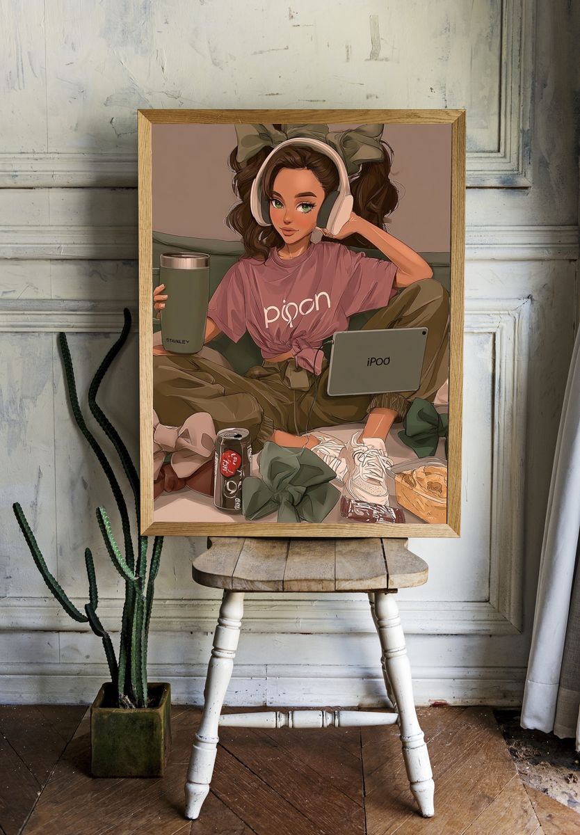 Cozy Girl with Headphones Illustration Poster. room preview