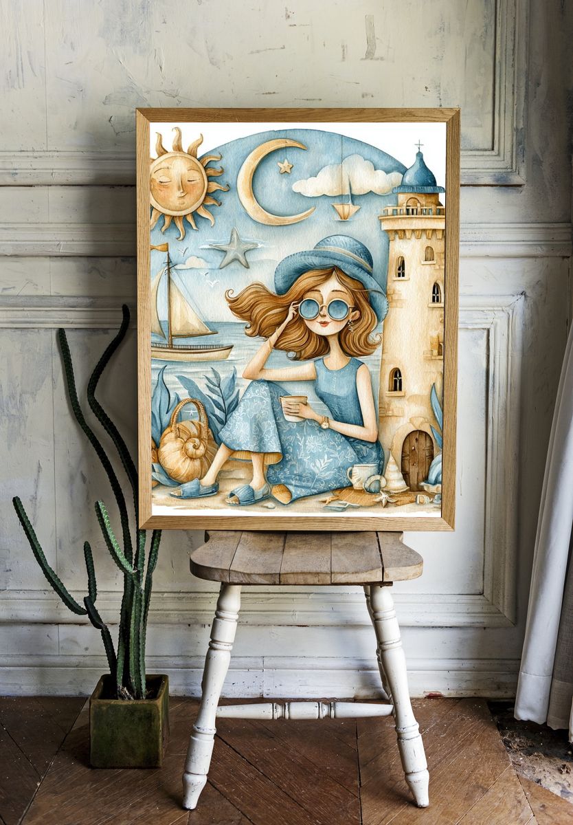Seaside Girl Watercolor Poster. room preview