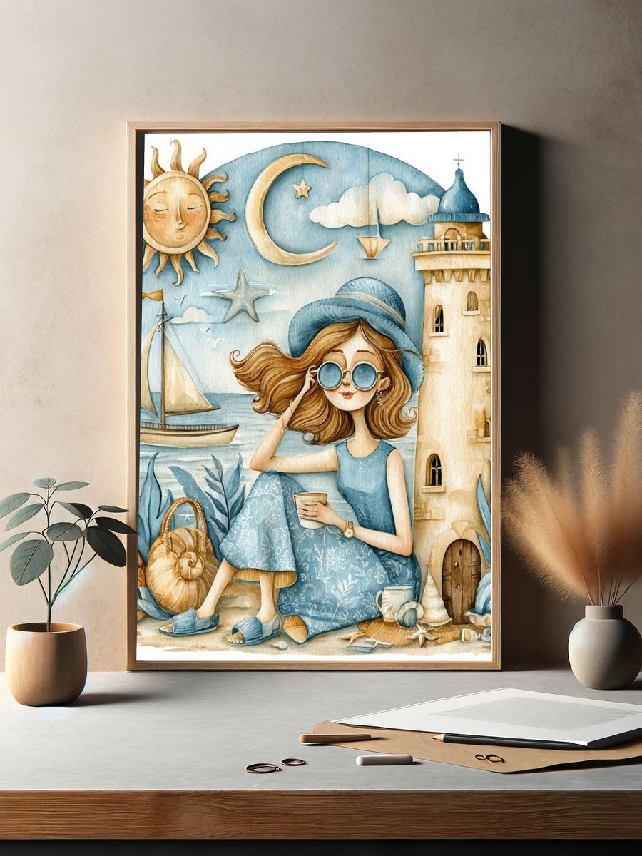 Seaside Girl Watercolor Poster. — room view 2