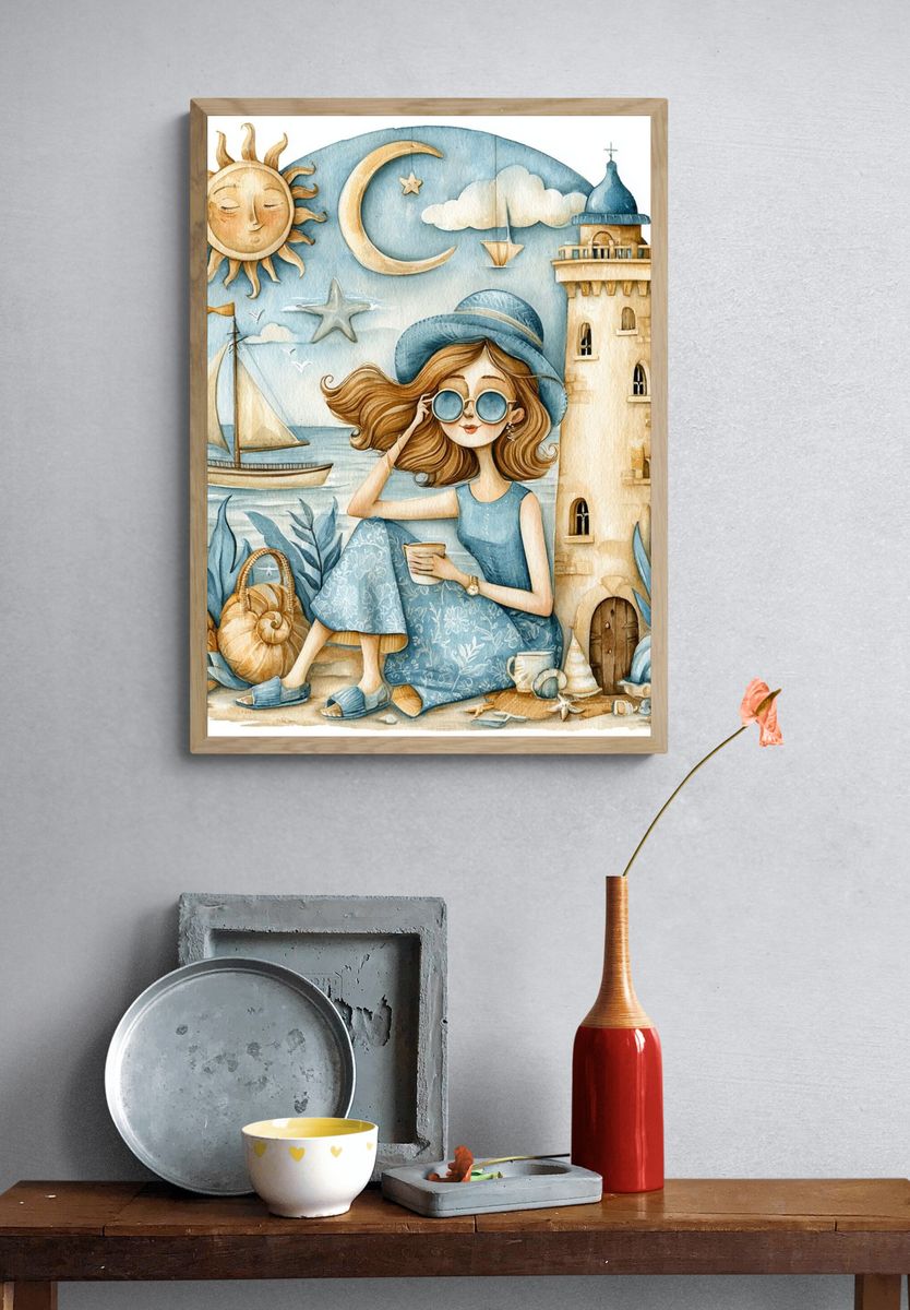 Seaside Girl Watercolor Poster. — room view 3