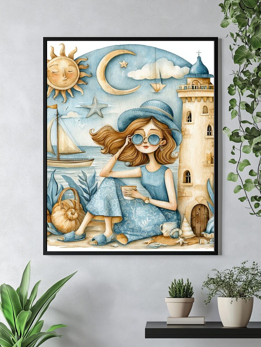 Seaside Girl Watercolor Poster. — room view 4