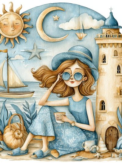 Seaside Girl Watercolor Poster.