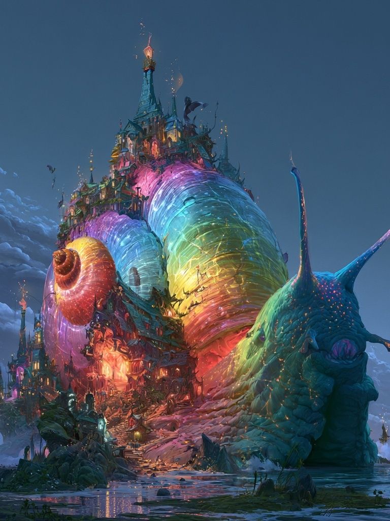 Rainbow Snail Castle Fantasy Print. poster detail