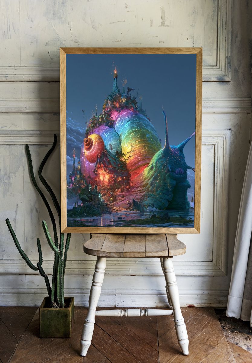 Rainbow Snail Castle Fantasy Print. room preview