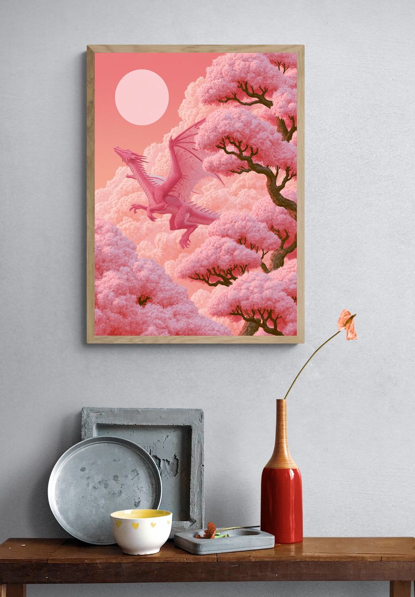 Pink Dragon in Cherry Blossom Poster. — room view 3