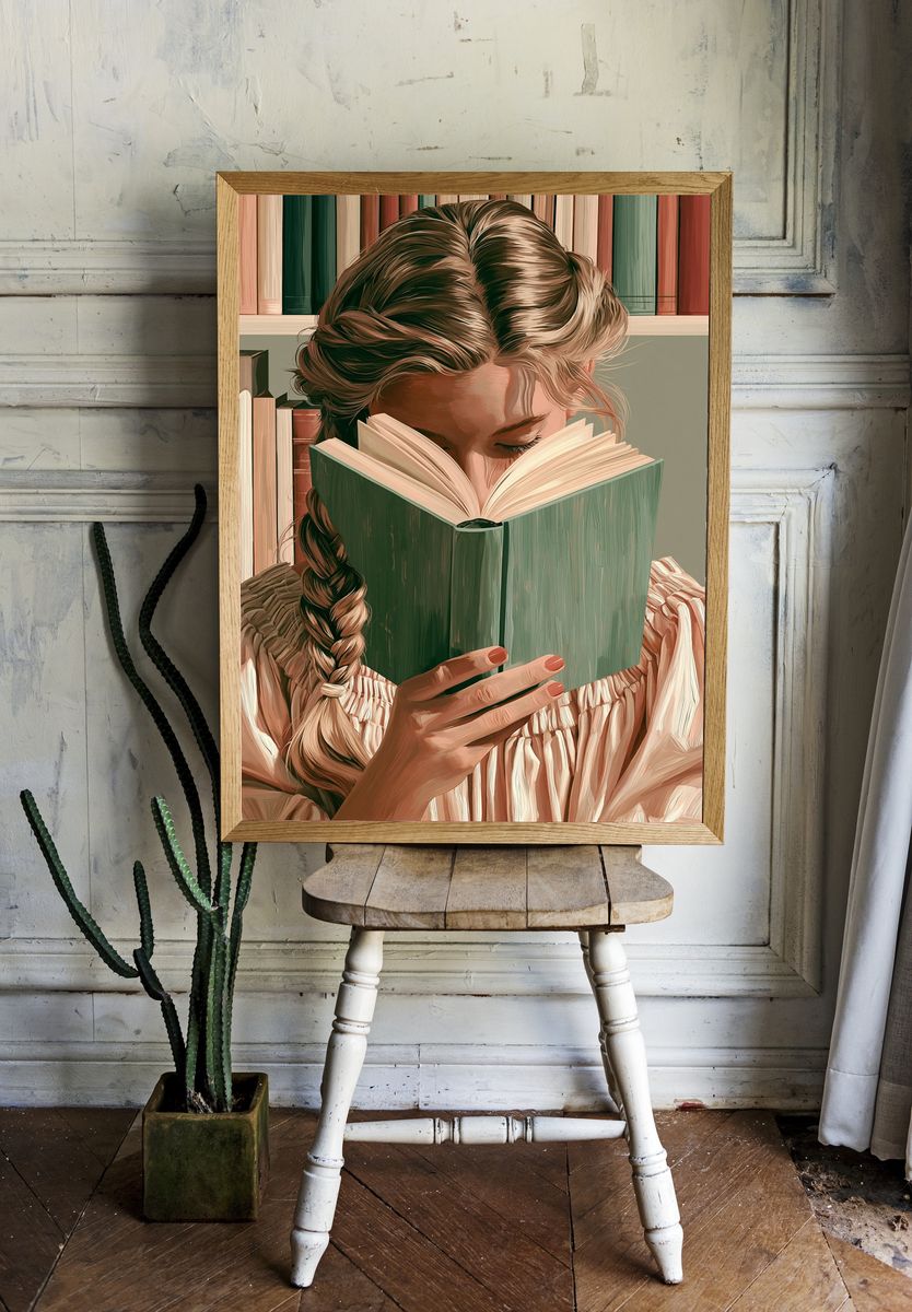 Girl Reading Book Illustration Poster. — room view 1