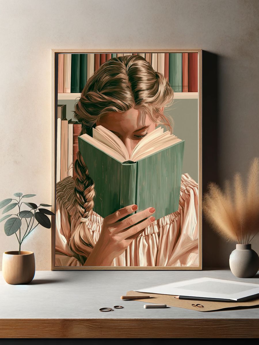 Girl Reading Book Illustration Poster. — room view 2