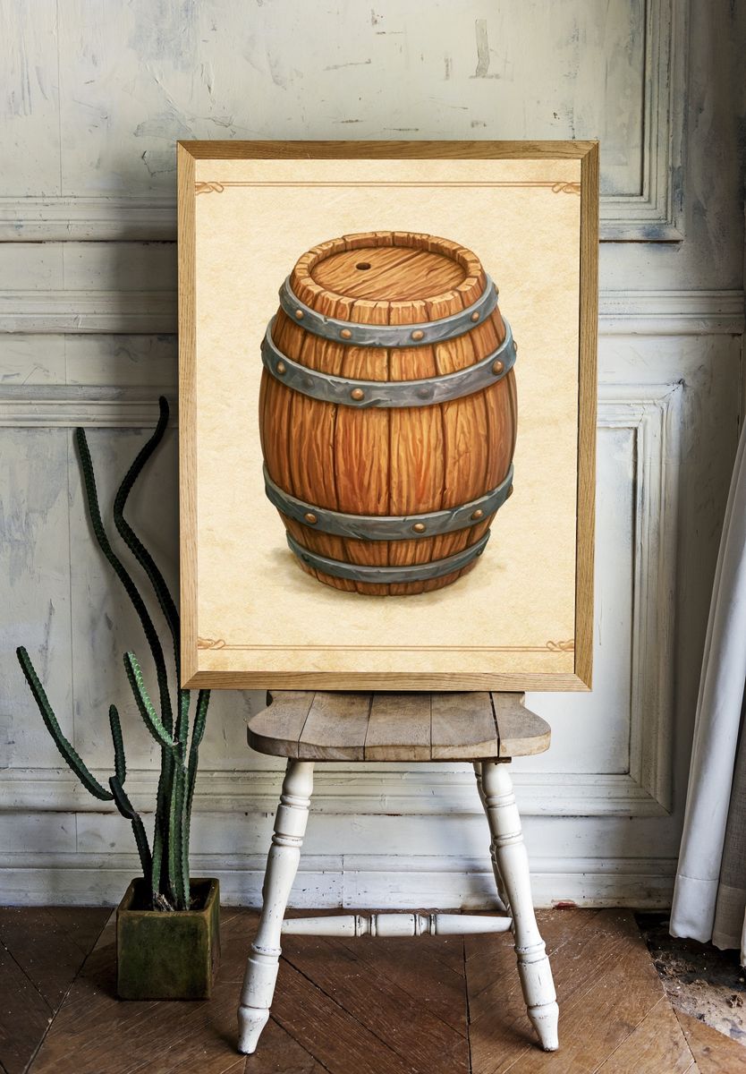 Wooden Barrel Vintage Illustration Poster. room preview