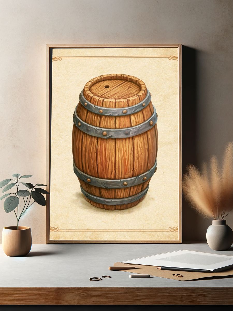 Wooden Barrel Vintage Illustration Poster. — room view 2