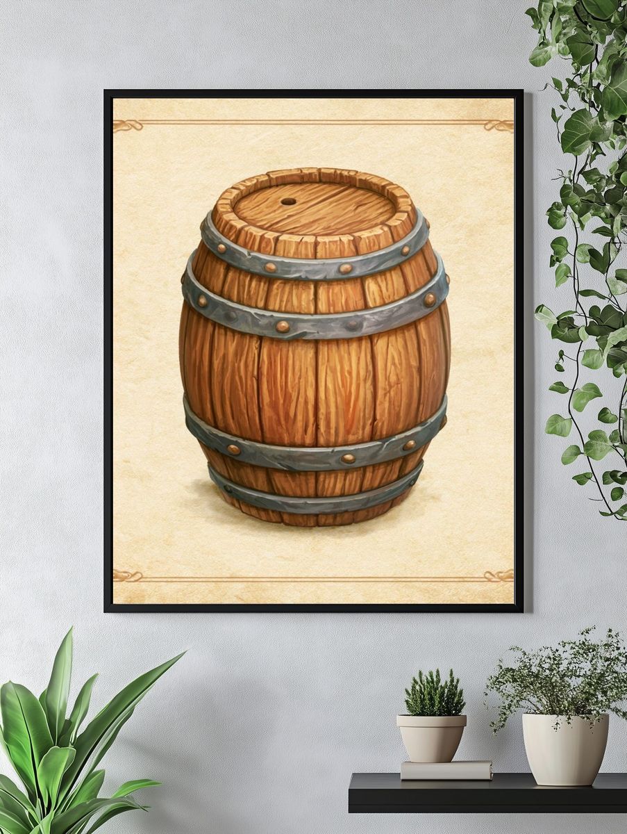 Wooden Barrel Vintage Illustration Poster. — room view 4