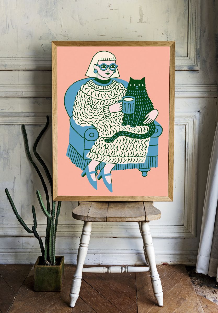 Cat Lady Illustration Poster. — room view 1