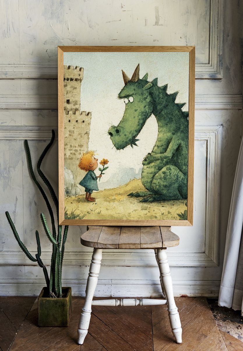Boy and Dragon Watercolor Print. — room view 1