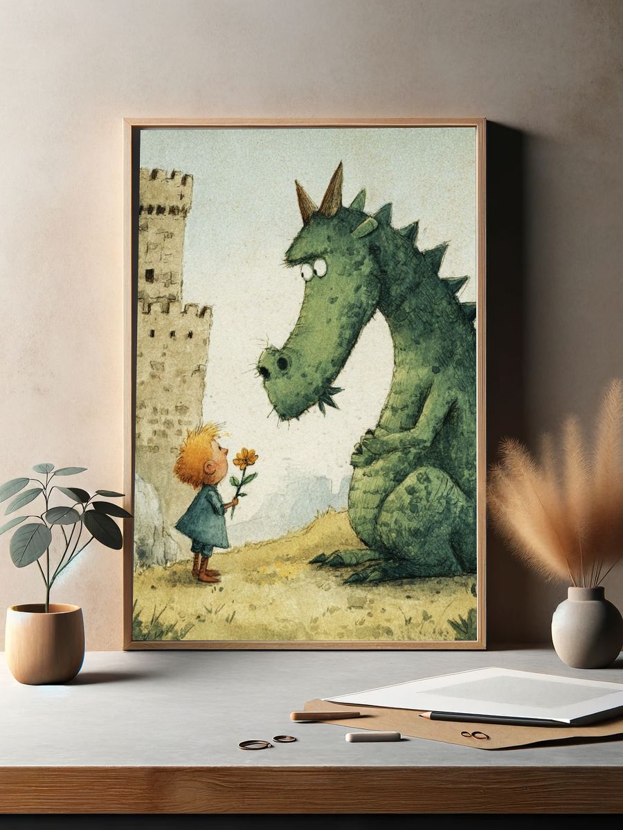 Boy and Dragon Watercolor Print. — room view 2