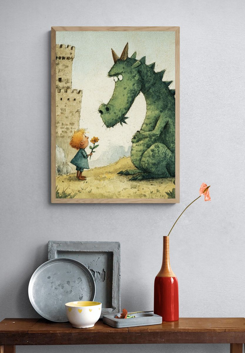 Boy and Dragon Watercolor Print. — room view 3