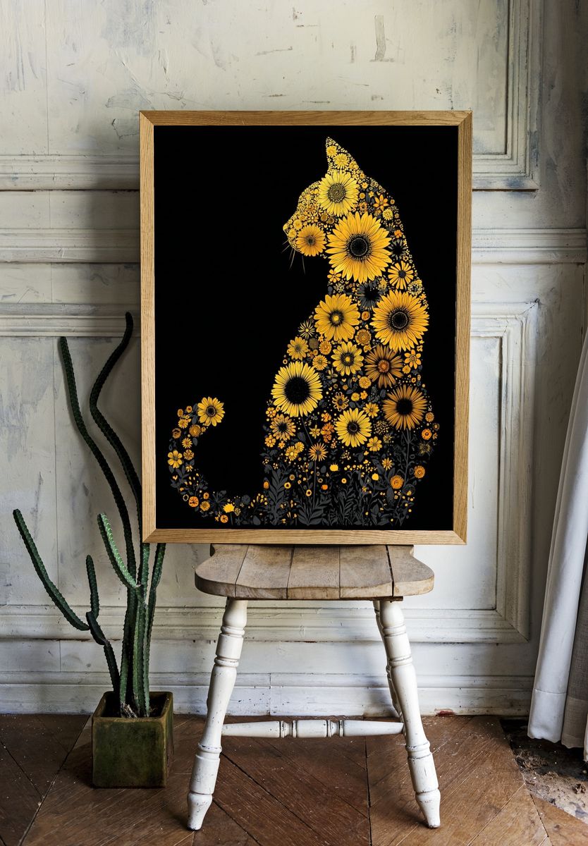 Floral Cat Silhouette Illustration Poster. — room view 1