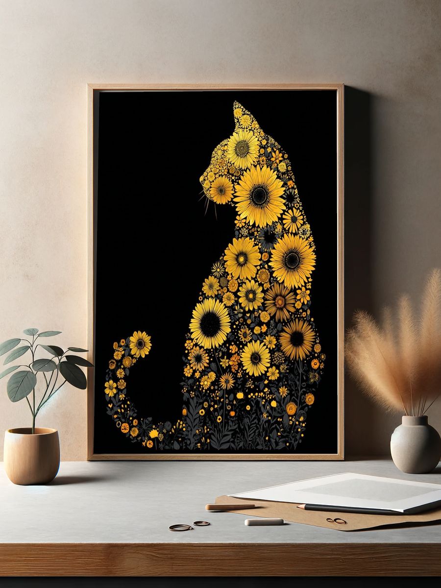 Floral Cat Silhouette Illustration Poster. — room view 2
