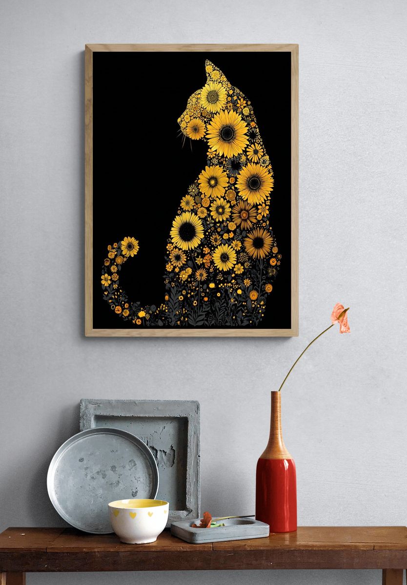 Floral Cat Silhouette Illustration Poster. — room view 3