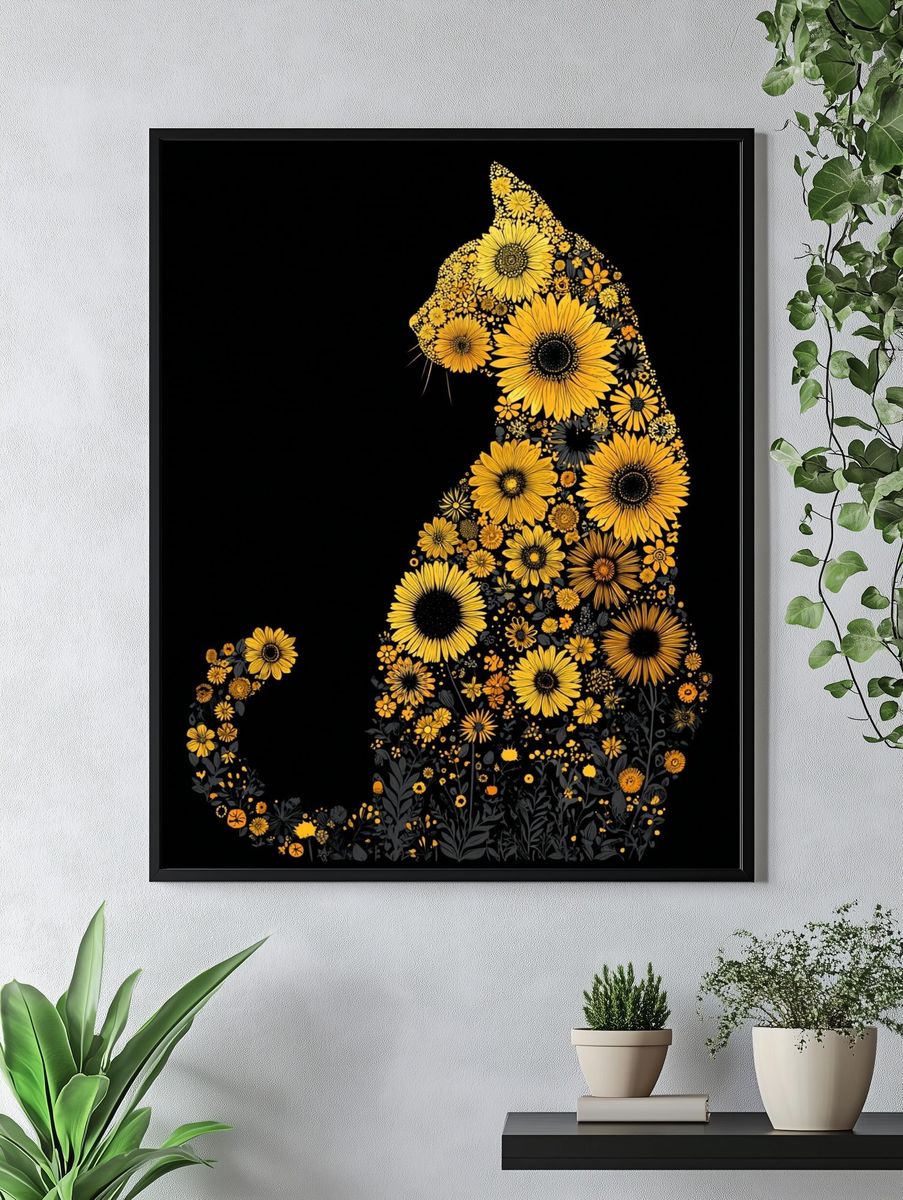 Floral Cat Silhouette Illustration Poster. — room view 4