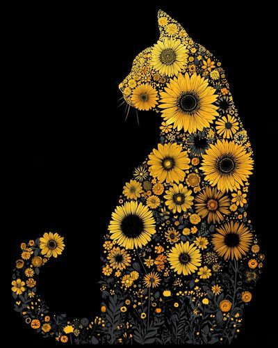 Floral Cat Silhouette Illustration Poster. poster print
