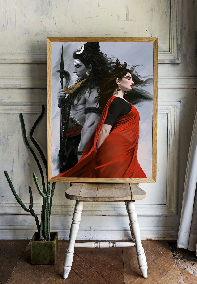 Shiva and Parvati Digital Art Poster. room preview