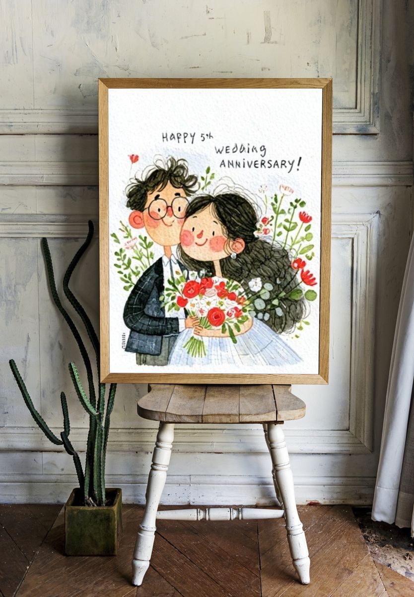 Happy 5th Wedding Anniversary Illustration Poster. room preview
