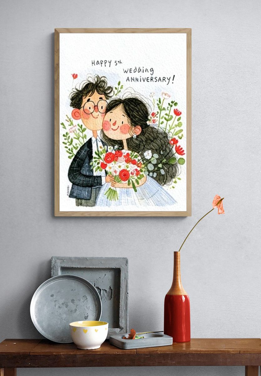 Happy 5th Wedding Anniversary Illustration Poster. — room view 3