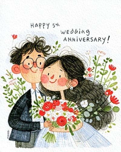 Happy 5th Wedding Anniversary Illustration Poster.