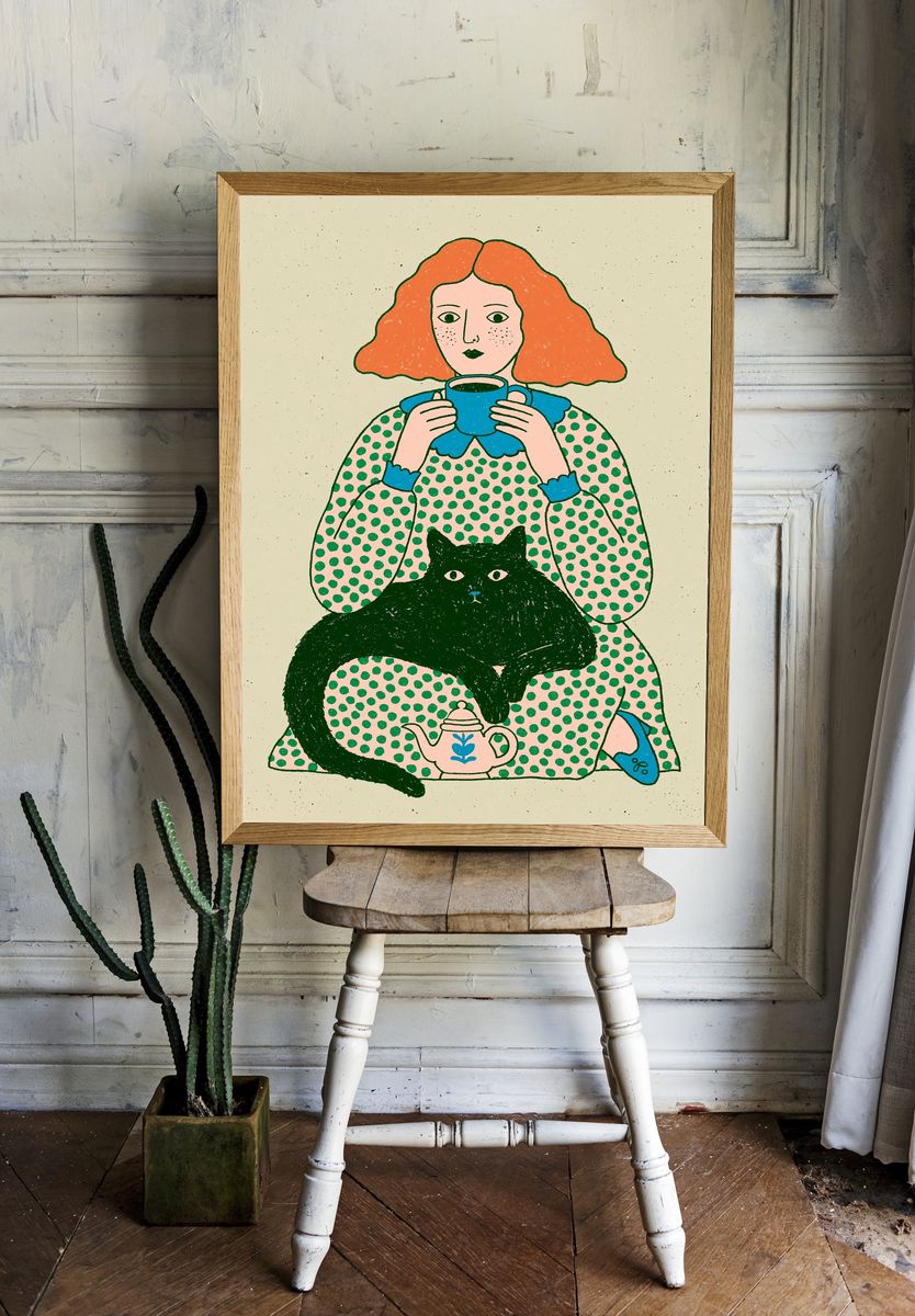 Woman with Cat Illustration Poster. room preview