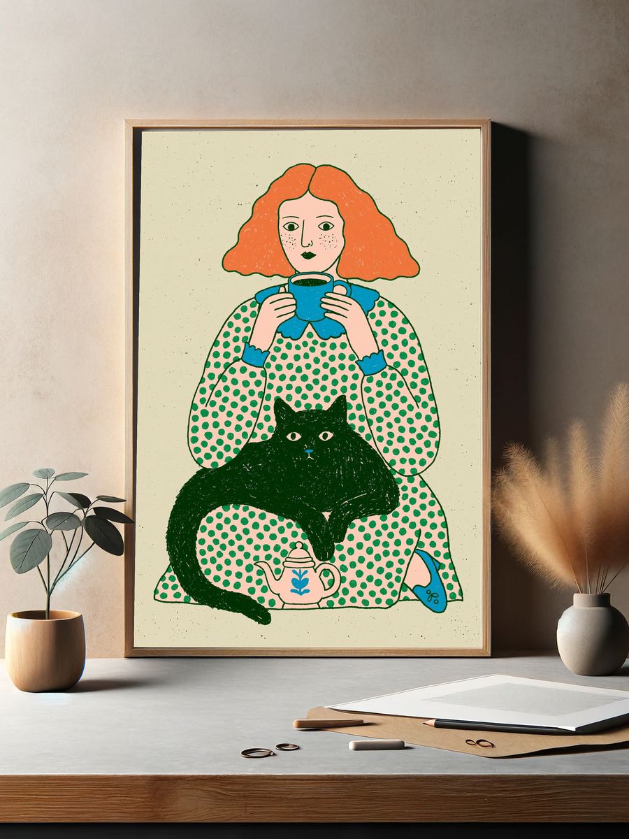 Woman with Cat Illustration Poster. — room view 2