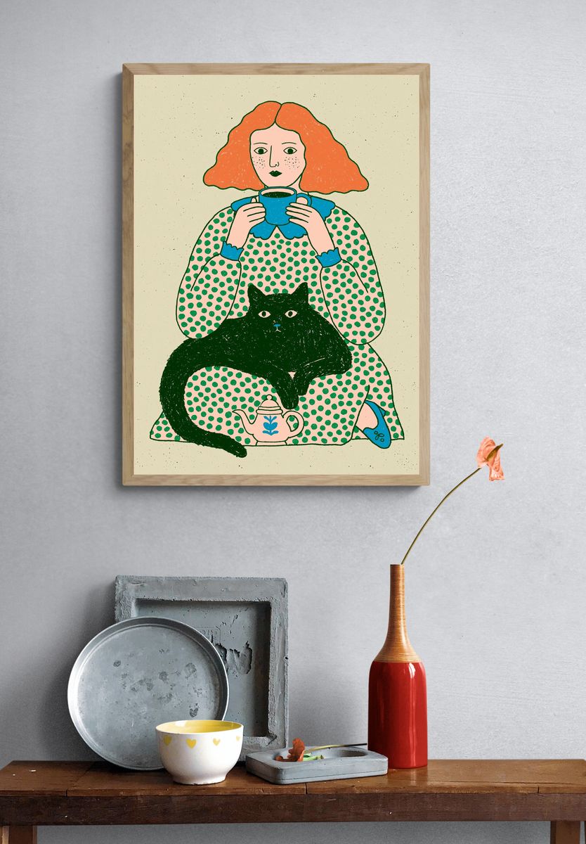 Woman with Cat Illustration Poster. — room view 3