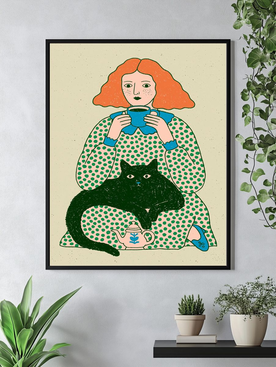 Woman with Cat Illustration Poster. — room view 4