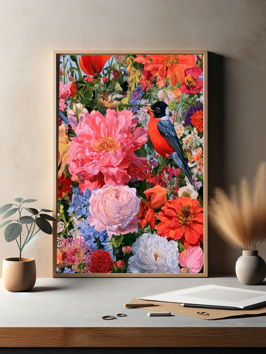 Birds in Bloom Illustration Poster. — room view 2