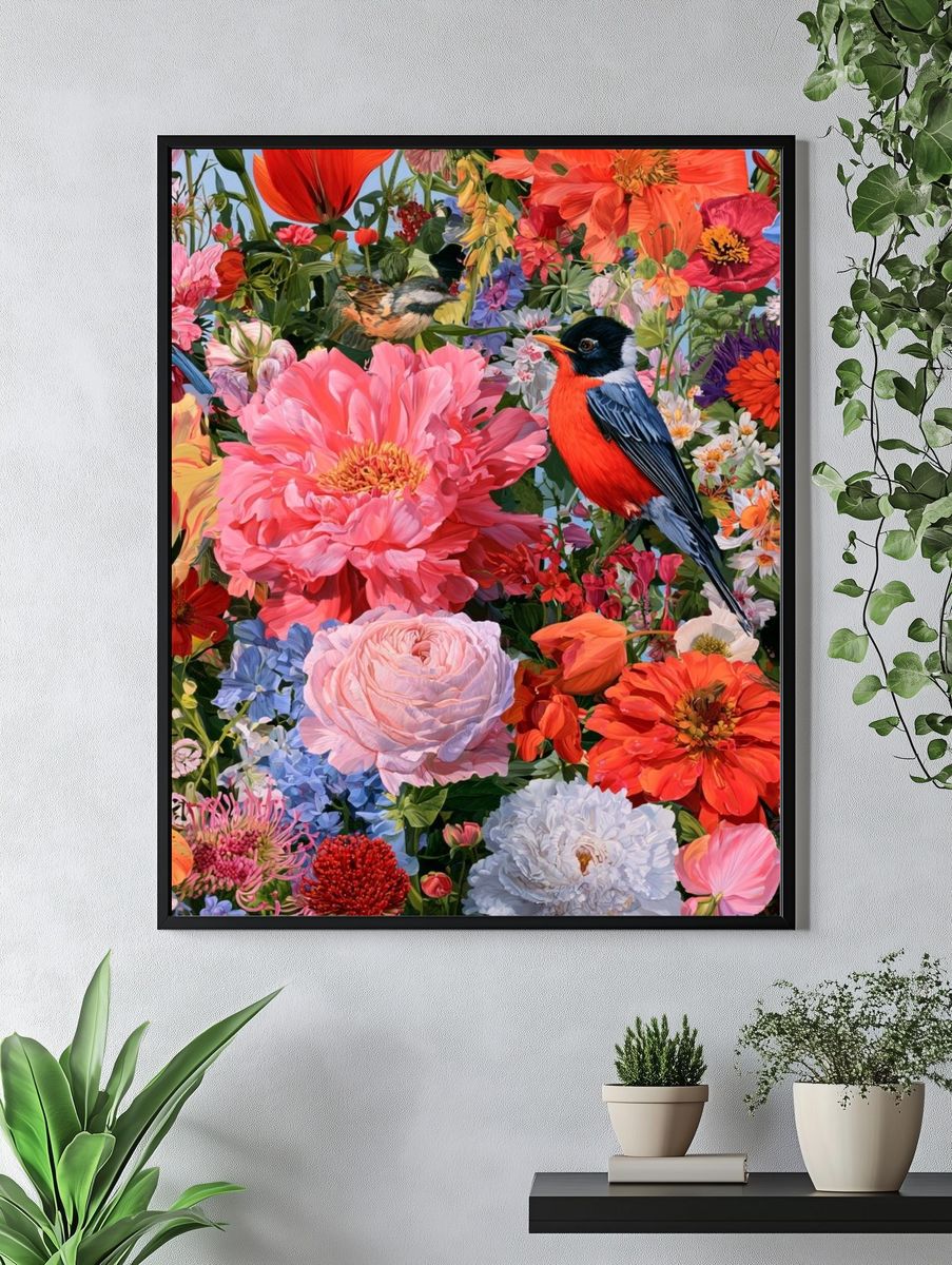 Birds in Bloom Illustration Poster. — room view 4