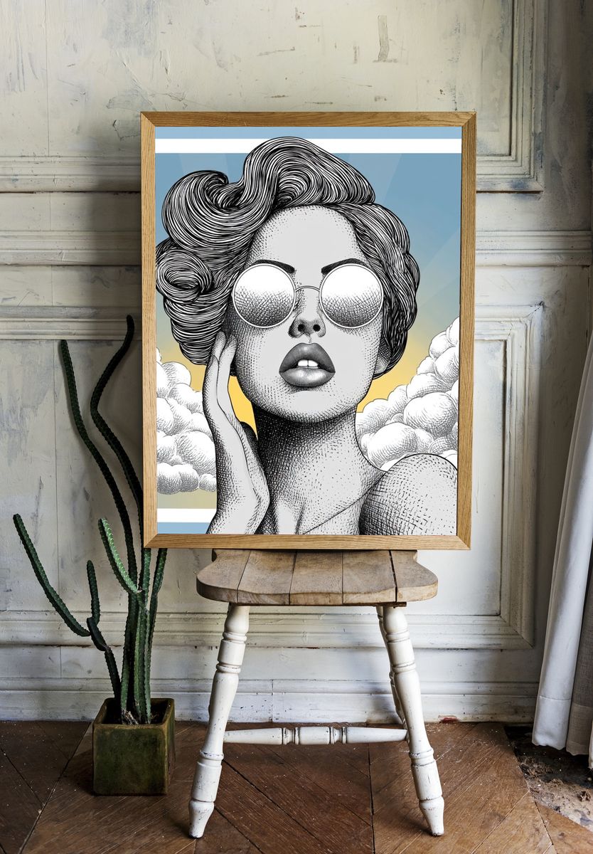 Surreal Woman in Sunglasses Print. room preview