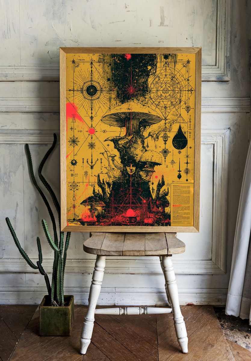Surreal Mushroom Alchemy Print. room preview