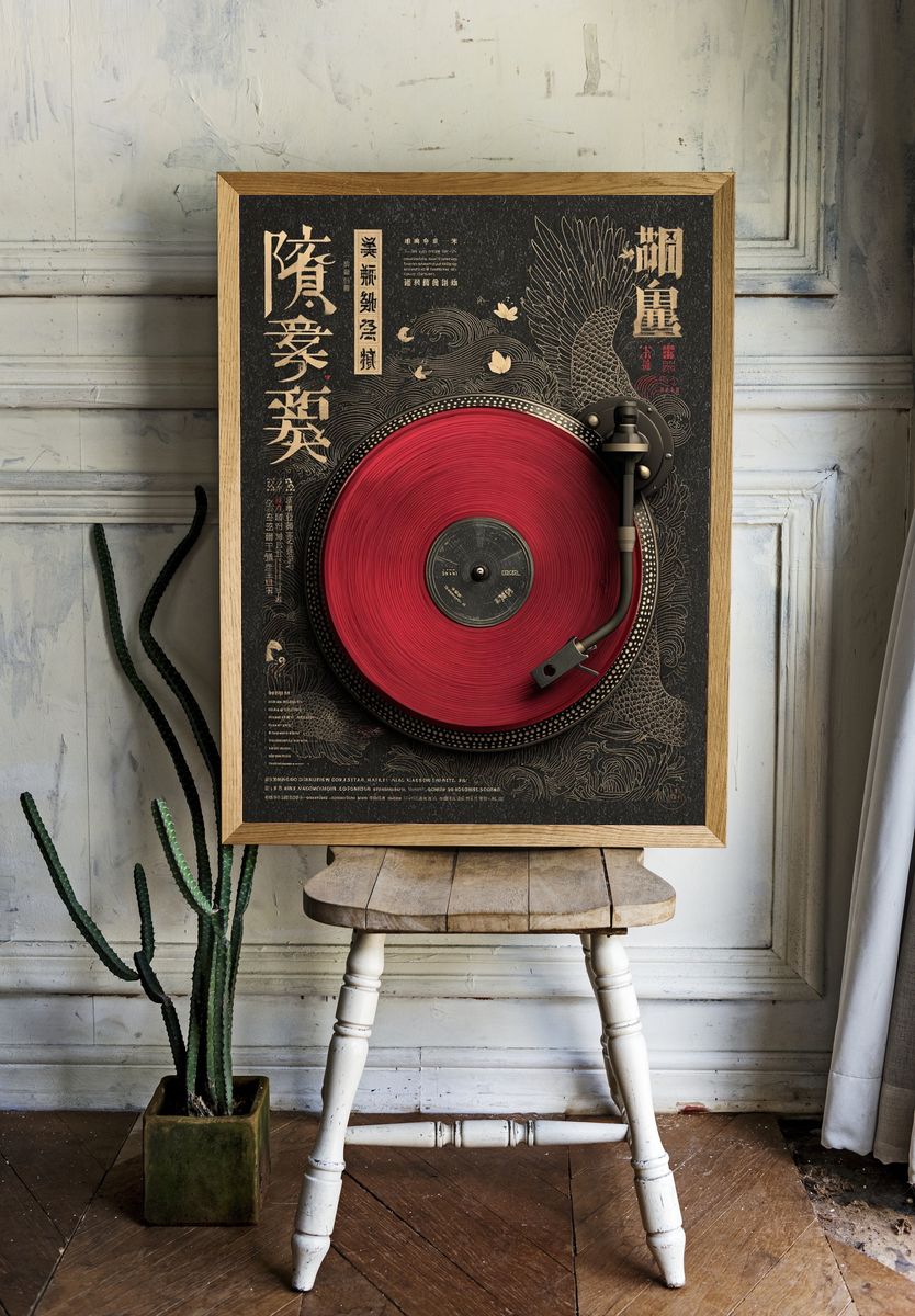 Japanese Vinyl Turntable Illustration Poster. — room view 1