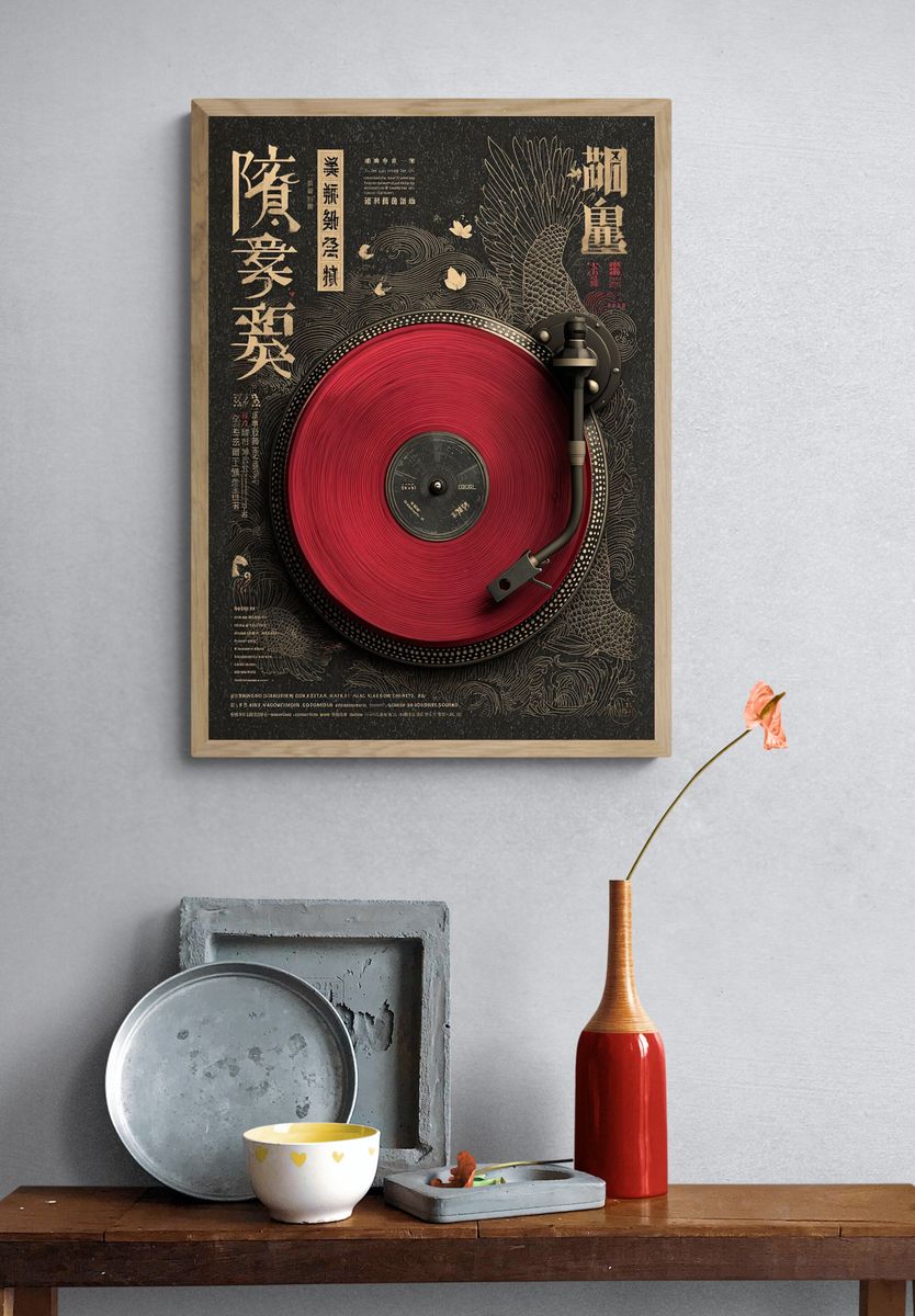 Japanese Vinyl Turntable Illustration Poster. — room view 3