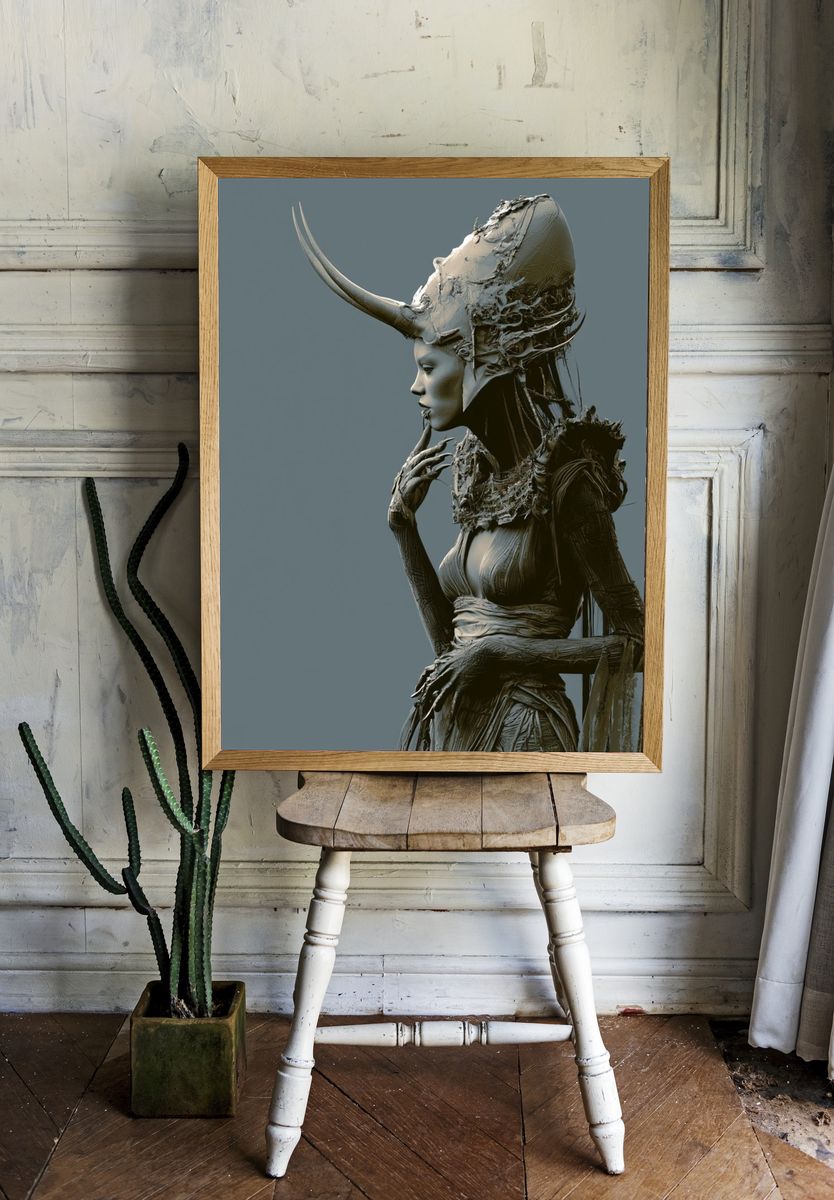 Horned Surreal Figure Print. room preview